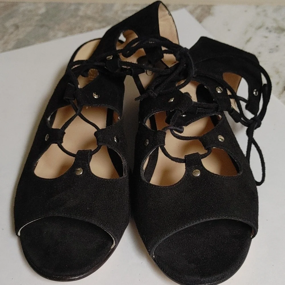 Amalfi By Rangoni Firenze Black Suede Wedge Lace Up Open Toe Ankle Sandals 8M